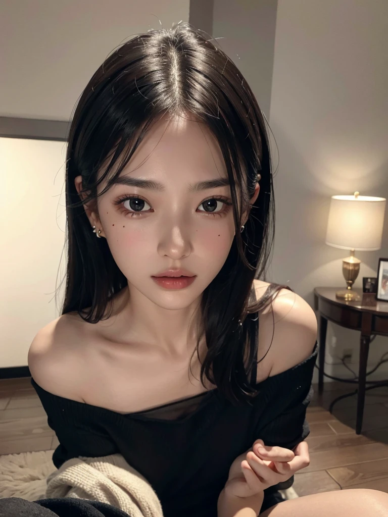 absurdres, RAW photo, extremely delicate and beautiful, masterpiece, Best Quality, ultra high resolution, 32k, hyperrealistic, ultra-detailed, perfect figure, Perfect Style, Perfect balance, in her 20s, very small head, very small face, delicate facial features, tearful mole, earring, (very huge breasts), bare legs, full body shot, medium hair, black hair, bare shoulder, shorts,