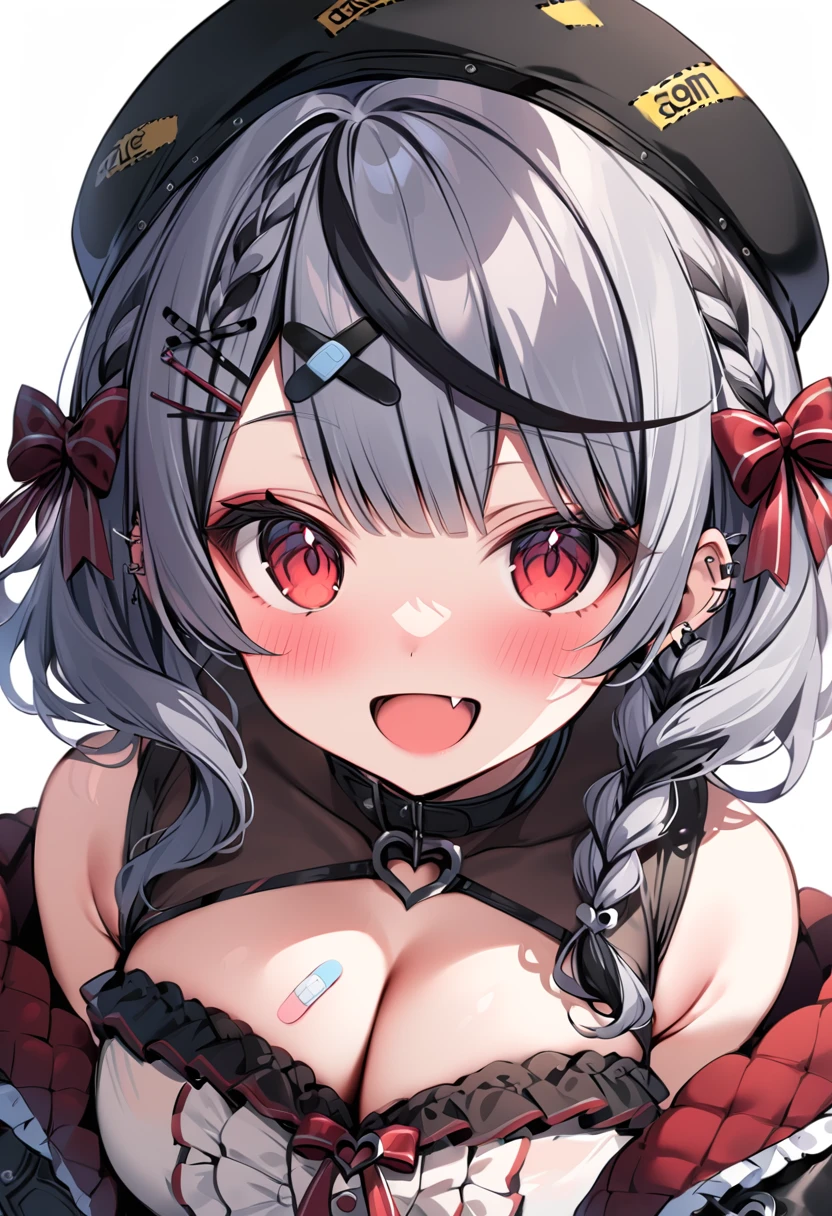 sakamata_jirai, red eyes, cleavage, multicolored hair, grey hair, streaked hair, bandaid, hair ornament, smile, black hair, clothing cutout, piercing, braid, fang, frills, cleavage cutout, :d, bow, ear piercing, band-aid hair ornament