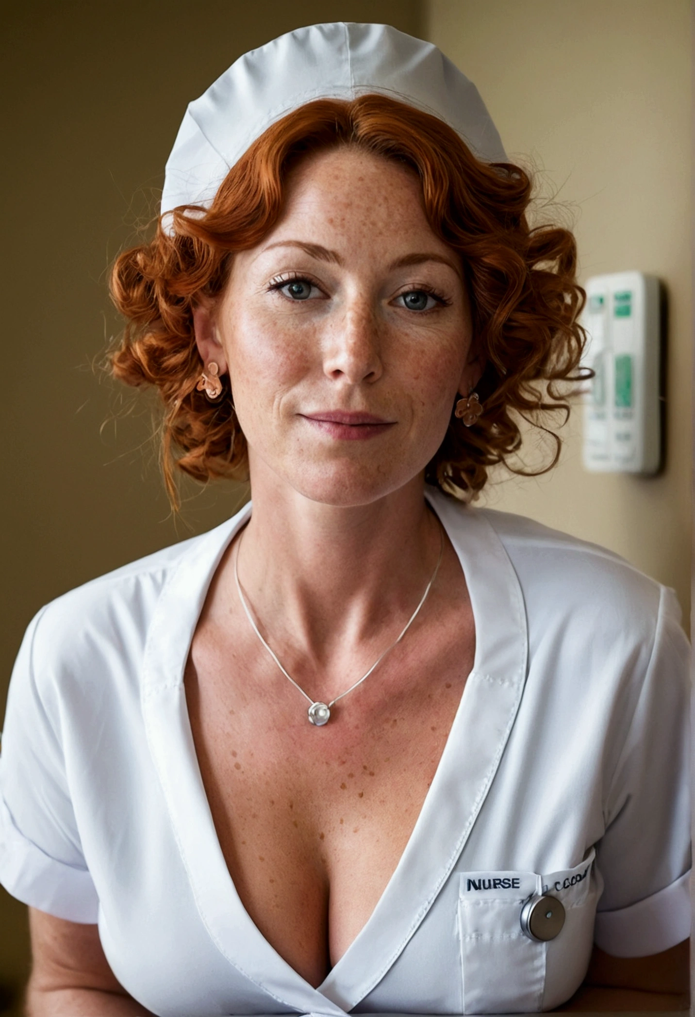 Beautiful woman, cute,sexy, 35 years old, sexy, old woman, freckles on face, freckly chest, Big saggy long droopy mature Breasts:1.5, nurses uniform, buttons undone, nurse hat, Curly copper colored hair bunches, loop earrings, cute hair, Rosey cheeks, hospital patients private room, kneeling on a bed, other patient in bed topless