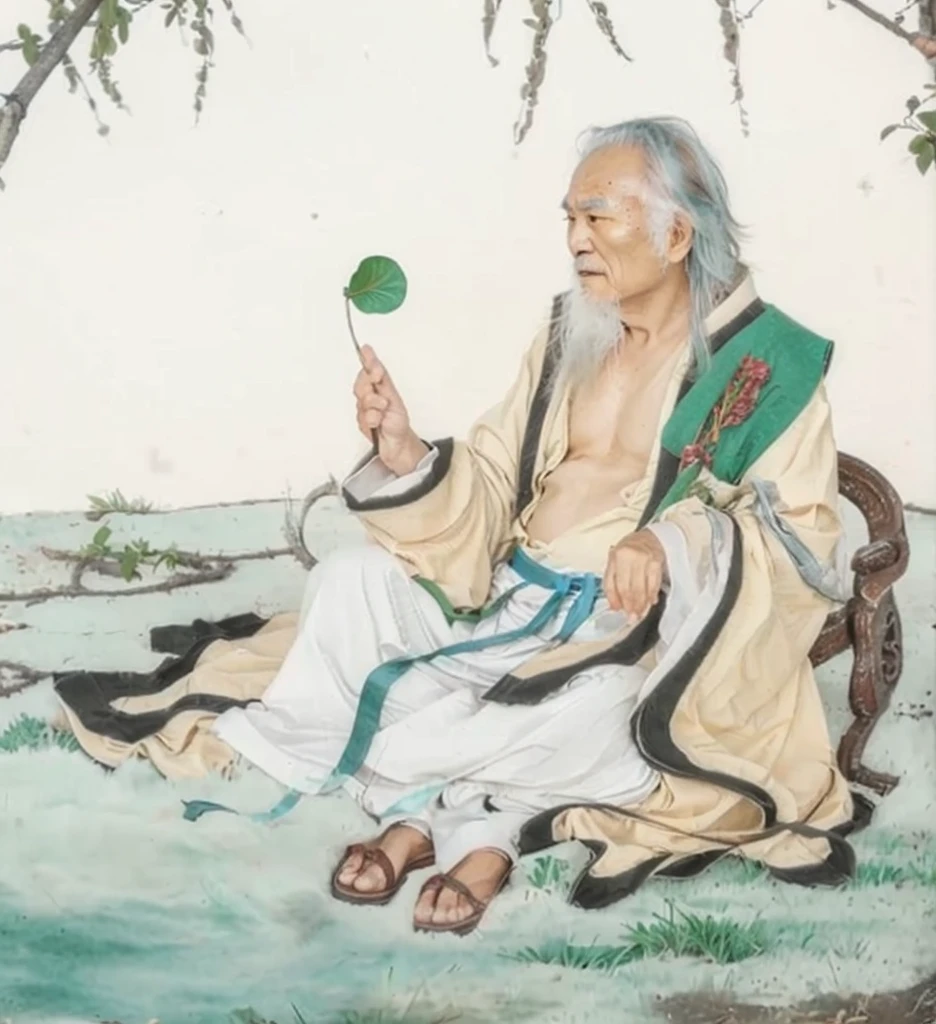 an old chinese man sitting on a grass field, daoist, taoist master,  wearing ancient chinese clothes, holding lotus pod, a fan made of green leaf, 