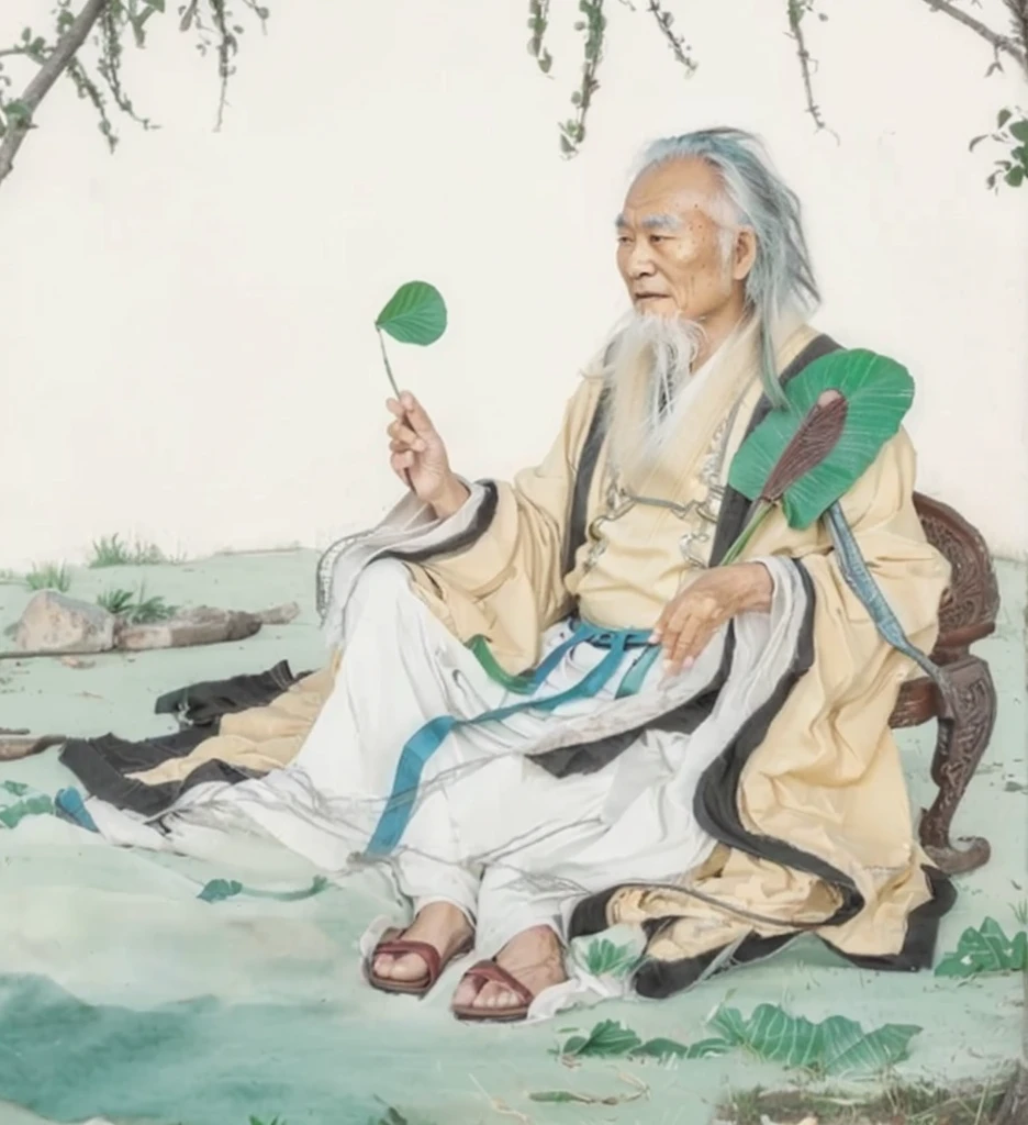 an old chinese man sitting on a grass field, daoist, taoist master,  wearing ancient chinese clothes, holding lotus pod, a fan made of green leaf, 