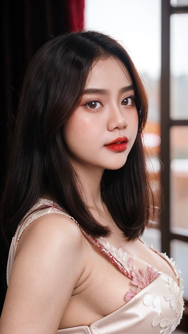 Gorgeus Girl, Beautiful, , 20 Years Old, White Skin, Red dark Lipstick, Sensual Lipstick, Sensational Make up, Large Colossal Breasts, Pose, (Kebaya), Indonesian Kebaya, Brown Retina, Muscles, Bokeh, Indonesian Culture Background, Masterpiece, Portrait, Straight Pink Hair, Perfect Lighting, HDR
