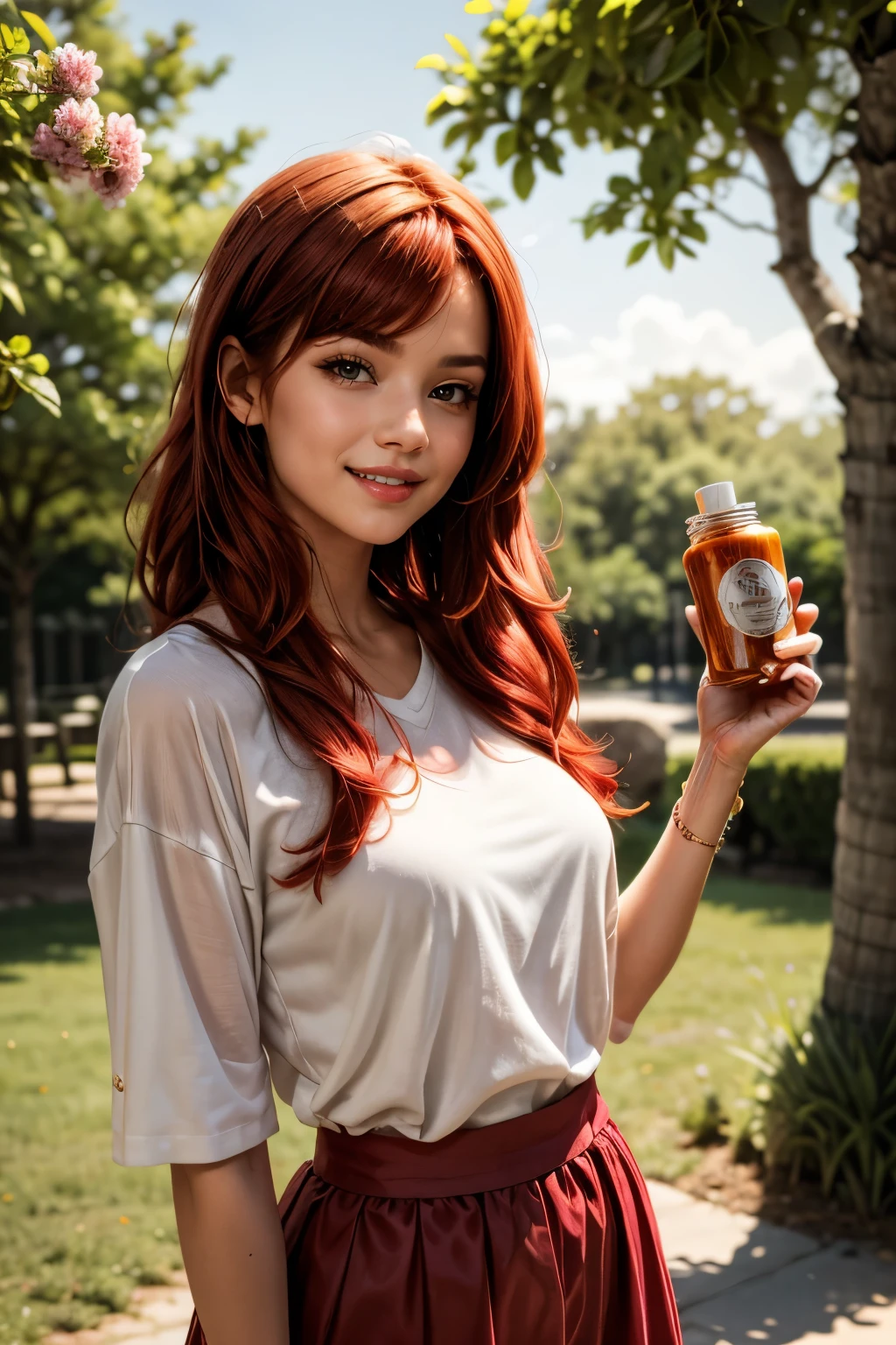 A girl standing with a beaming smile on her face, (very red hair:1.5), redhead, holding the jar of magic paint in her hands. It is surrounded by a magical and colorful environment, with colorful flowers, vibrant trees and a sky full of rainbows. 4k resolution