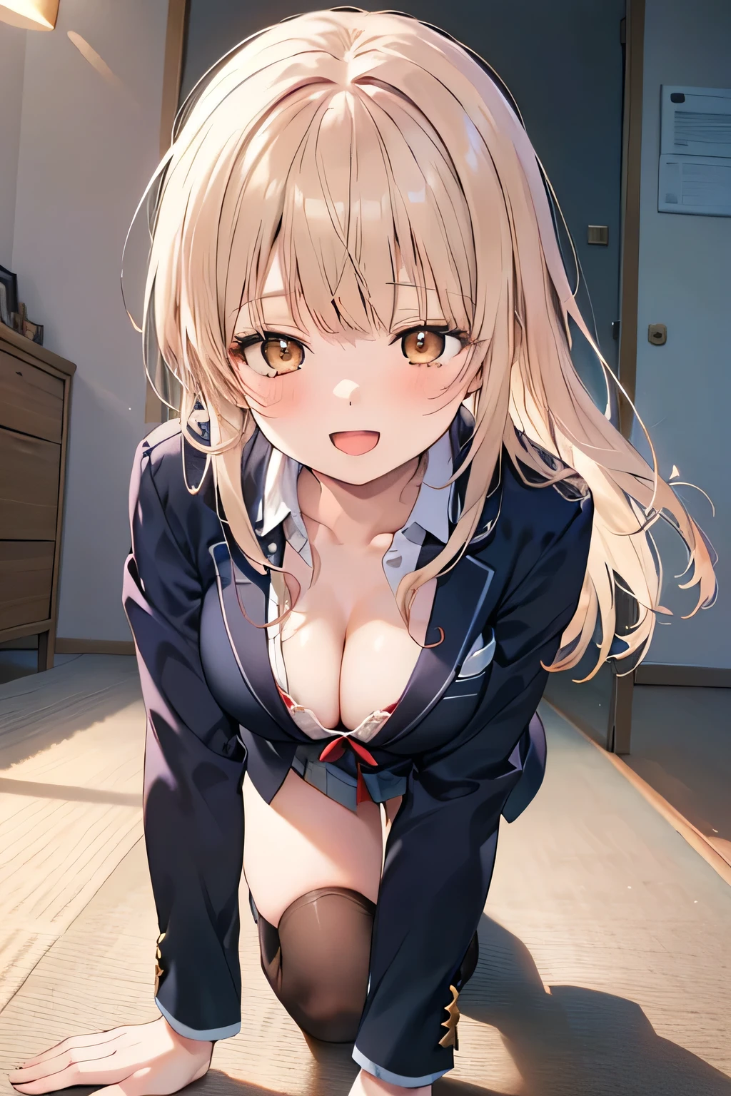 1girl ,((Shiina Mahiru,mahiru shiina)), (Long Hair,Straight Hair,bangs),happy smile, smile, Open your mouth,((nsfw,full,blazer,Black knee-highs)),Real Summer,Daytime,sunny,My hair is blowing in the wind,whole bodyがイラストに入るように,Slender body,
break indoors, School,机の上
break looking at viewer,Beautiful breasts,Large Breasts,whole body,((On all fours,Cleavage,Top view))
break (masterpiece:1.2), Highest quality, High resolution, unity 8k wallpaper, (shape:0.8), (Beautiful details:1.6), Highly detailed face, Perfect lighting, Extremely detailed CG, (Perfect hands, Perfect Anatomy),