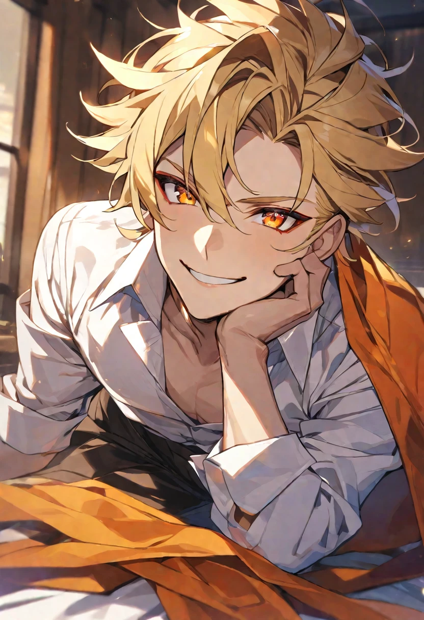Solo, 1 male, blonde hair, orange eyes, white shirt, orange cloth, smile facial, playboy