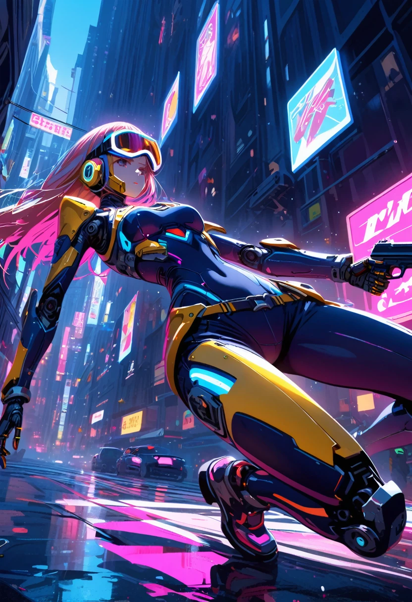 Female Android,Manga style,Robot Arm,Ray Tracing,CG,Neon Light,goggles,gun