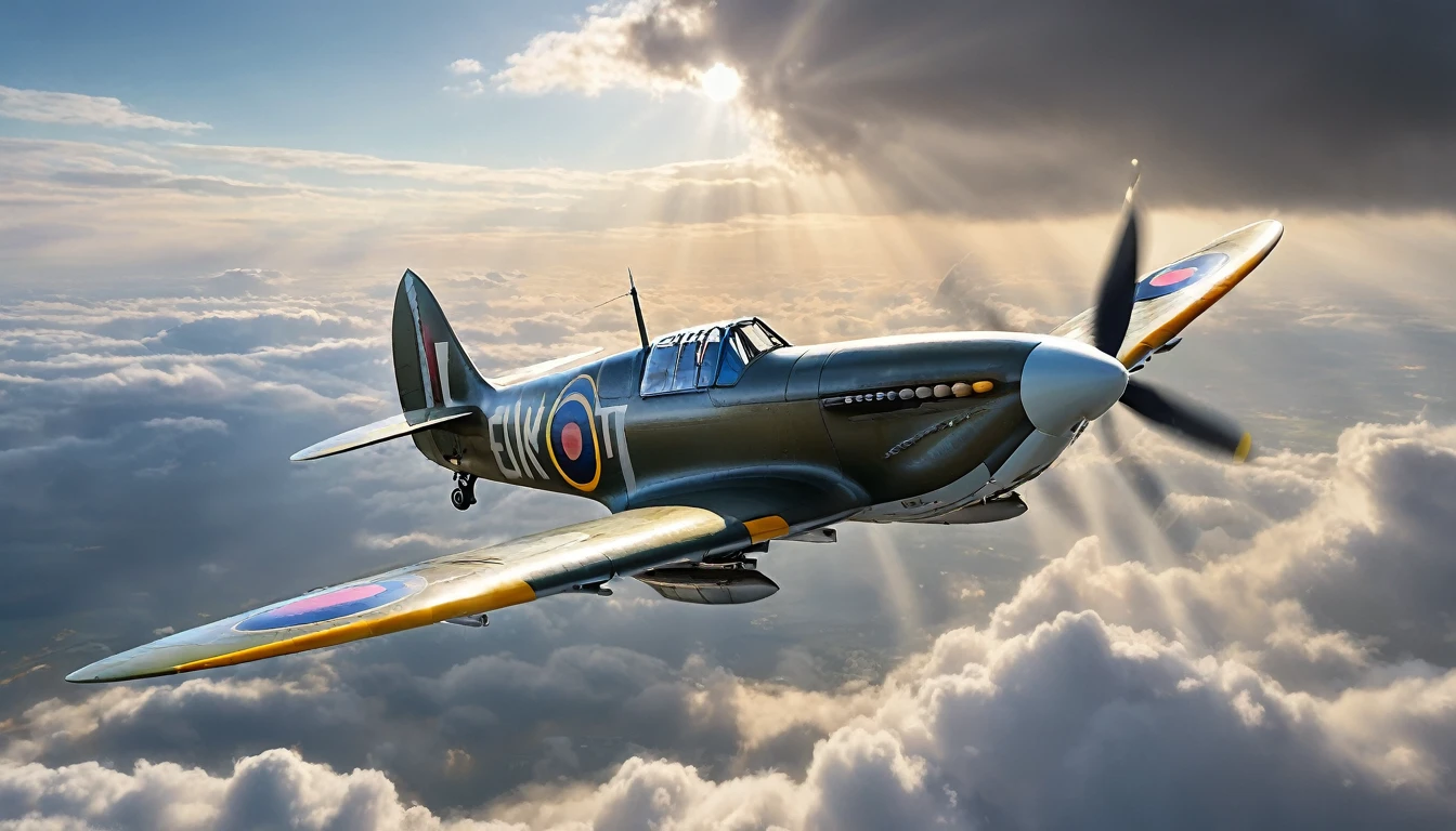 Create imaginative and amazing images demonstrating the style of a picture of a Spitfire plane, flying in the sky, cloudy skies background, an epic a Spitfire plane (best details, Masterpiece, best quality :1.5) birds view, sun rays, divine rays, sun rays reflecting on the clouds, sense of awe, majestic atmosphere, ultra best realistic, best details, best quality, 16k, [ultra detailed], masterpiece, best quality, (extremely detailed), ultra wide shot, photorealism, depth of field, hyper realistic painting, Waiting to start), hyper realistic, 8k, vibrant colors, sharp crisp image