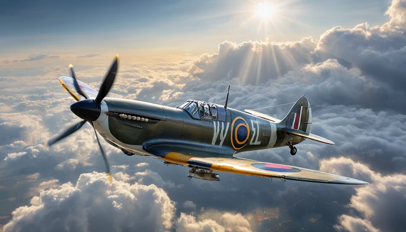 Create imaginative and amazing images demonstrating the style of a picture of a Spitfire plane, flying in the sky, cloudy skies background, an epic a Spitfire plane (best details, Masterpiece, best quality :1.5) birds view, sun rays, divine rays, sun rays reflecting on the clouds, sense of awe, majestic atmosphere, ultra best realistic, best details, best quality, 16k, [ultra detailed], masterpiece, best quality, (extremely detailed), ultra wide shot, photorealism, depth of field, hyper realistic painting, Waiting to start), hyper realistic, 8k, vibrant colors, sharp crisp image