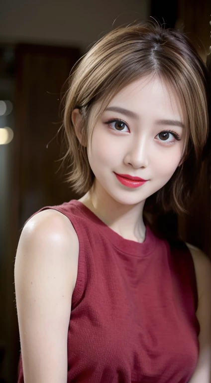 blush a little and smile, (Top quality masterpiece:1.2) Delicate illustrations, Very detailed, /Beautiful Japanese Women、1 person,Very cute and slim、Great style 、((8K images、super high quality))、Very delicate face, Skin and Hair、beautifule forehead、Red lipstick、(((((short hair、Blonde、lure))))),Very cute Japanese cut face、Eyes and nose are clearly visible、Kind eyes,((((Sleeveless fashion))))