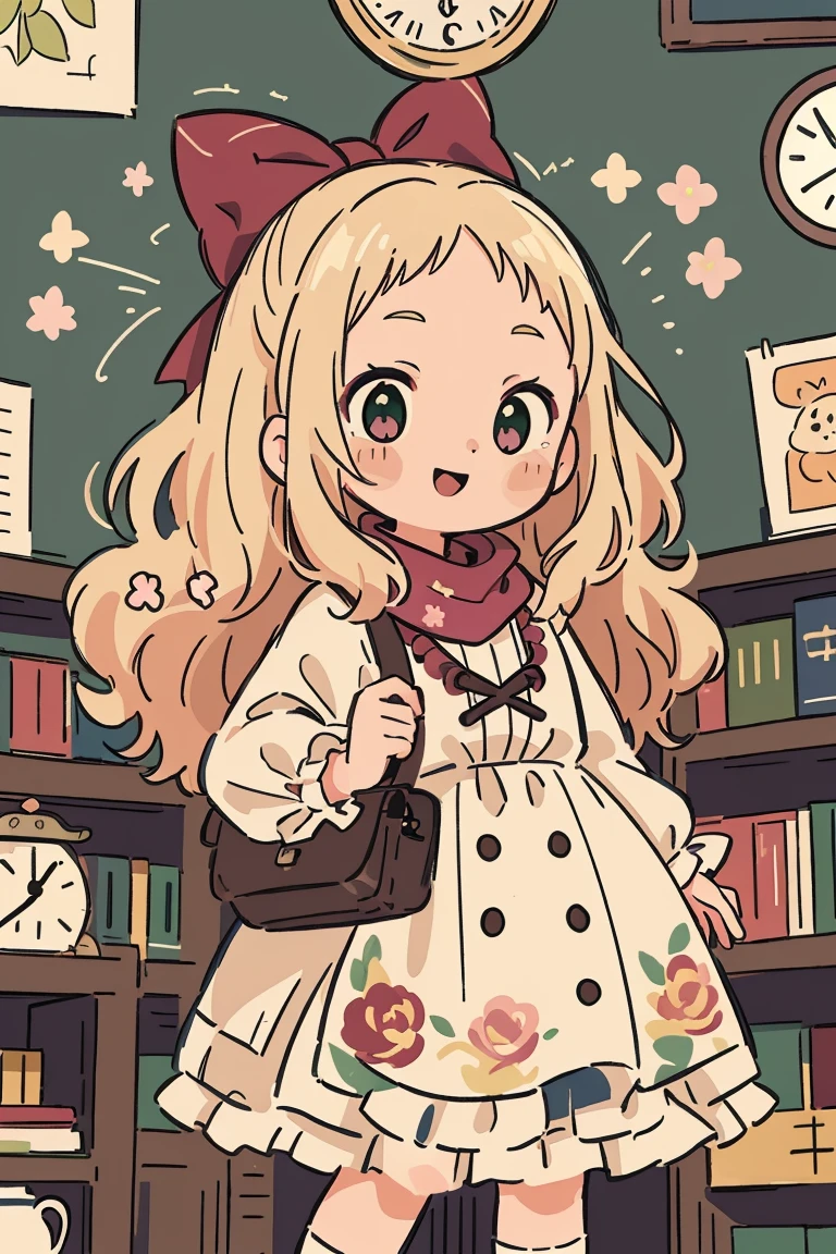 (Top quality、8K、32k、masterpiece、nffsw、Ultra-high resolution、Impressionism、Reality:1.2)、huge 、Cowboy shooting, Detailed face and eyes、Green Eyes, Blonde hair, forehead, (curls), Long hair, scarf, pearl, Beige dress, ((Lolita dress)), ((Floral Pattern)), Tape, bow, Ruffles, White Rose, ((Thick outline)), ((White outline)), (sketch), ((Dynamic Angle)), ((Change)), (child), ((Solitary)), (canny smile), (Burgundy hair), (Pink Eyes), (skirt), (洛丽塔skirt), (复古skirt), (黑色skirt), (Ruffles), (米色Ruffles;;), (bow), (vertical stripes), ((Clock face in the background)), (library), ((Thick outline)), ((White outline))