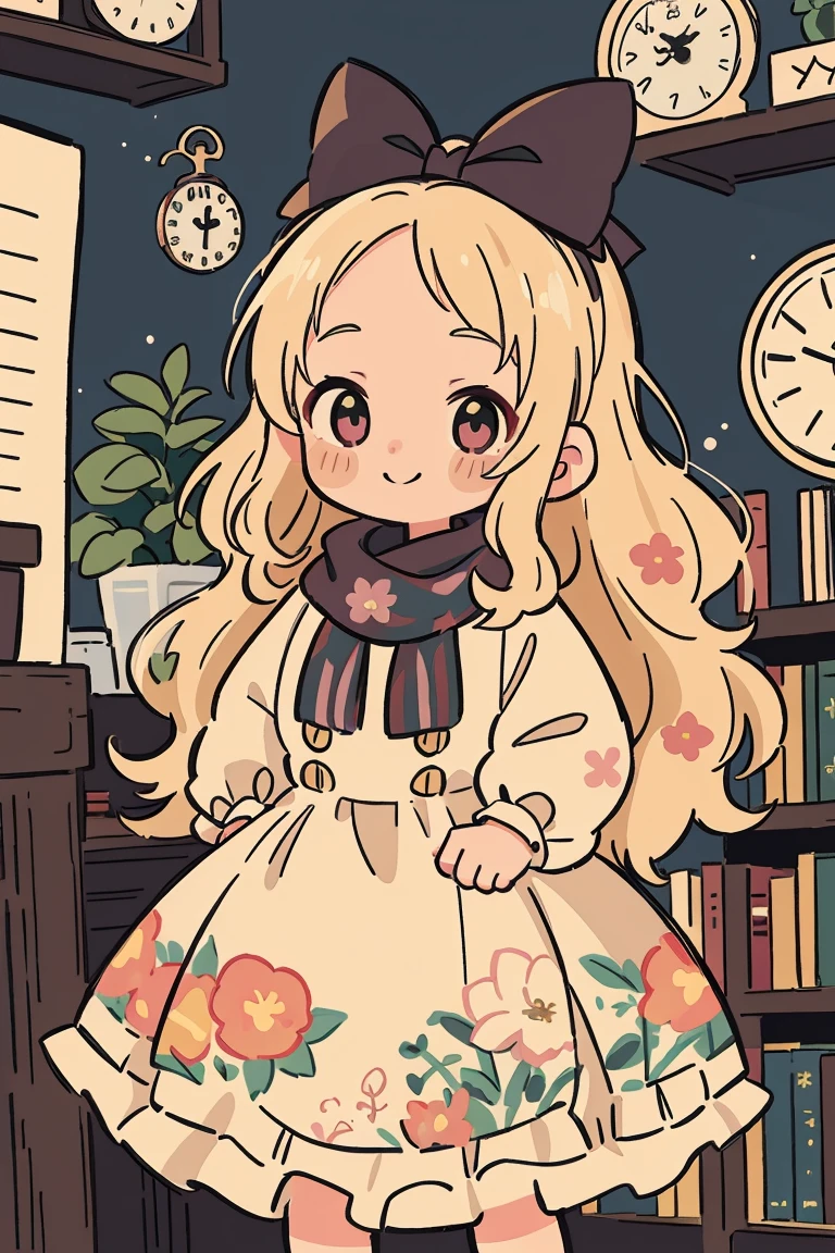 (Top quality、8K、32k、masterpiece、nffsw、Ultra-high resolution、Impressionism、Reality:1.2)、huge 、Cowboy shooting, Detailed face and eyes、Green Eyes, Blonde hair, forehead, (curls), Long hair, scarf, pearl, Beige dress, ((Lolita dress)), ((Floral Pattern)), Tape, bow, Ruffles, White Rose, ((Thick outline)), ((White outline)), (sketch), ((Dynamic Angle)), ((Change)), (child), ((Solitary)), (canny smile), (Burgundy hair), (Pink Eyes), (skirt), (洛丽塔skirt), (复古skirt), (黑色skirt), (Ruffles), (米色Ruffles;;), (bow), (vertical stripes), ((Clock face in the background)), (library), ((Thick outline)), ((White outline))