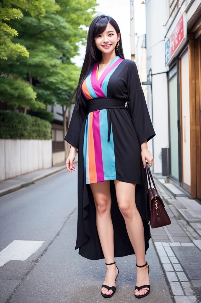 Beautiful Japanese Instagrammer,High Fashion Sense,PHOTO REALISTIC,knee length dress,Colorful casual dress,Long Black Hair,Looking at Camera with Modern Fashion Sense,Smile,Big Breasts,Full Length Pose,japanese KIMONO
