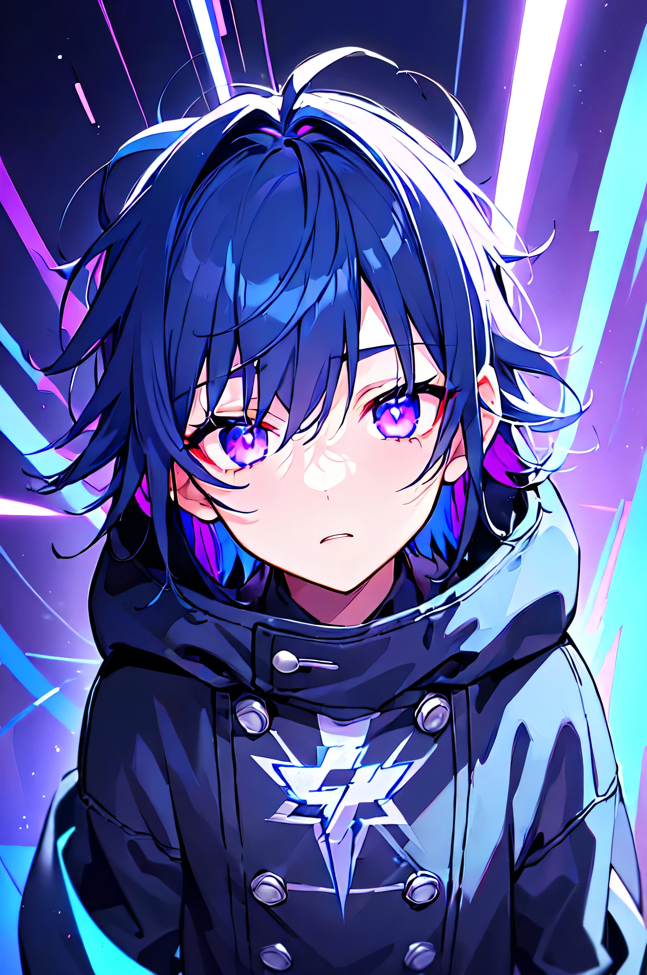 [(BLACK BACKGROUND:1.5),::5], ((((masterpiece)))), high quality, ultra very high resolution, full color, (((solo))), (((little boy))), men's black hair, ((blue colored inner hair)), ((purple eyes)), anime, ((upper body)), gloom expression depressed, neon light, black parka, (Thunder effect:1.2)