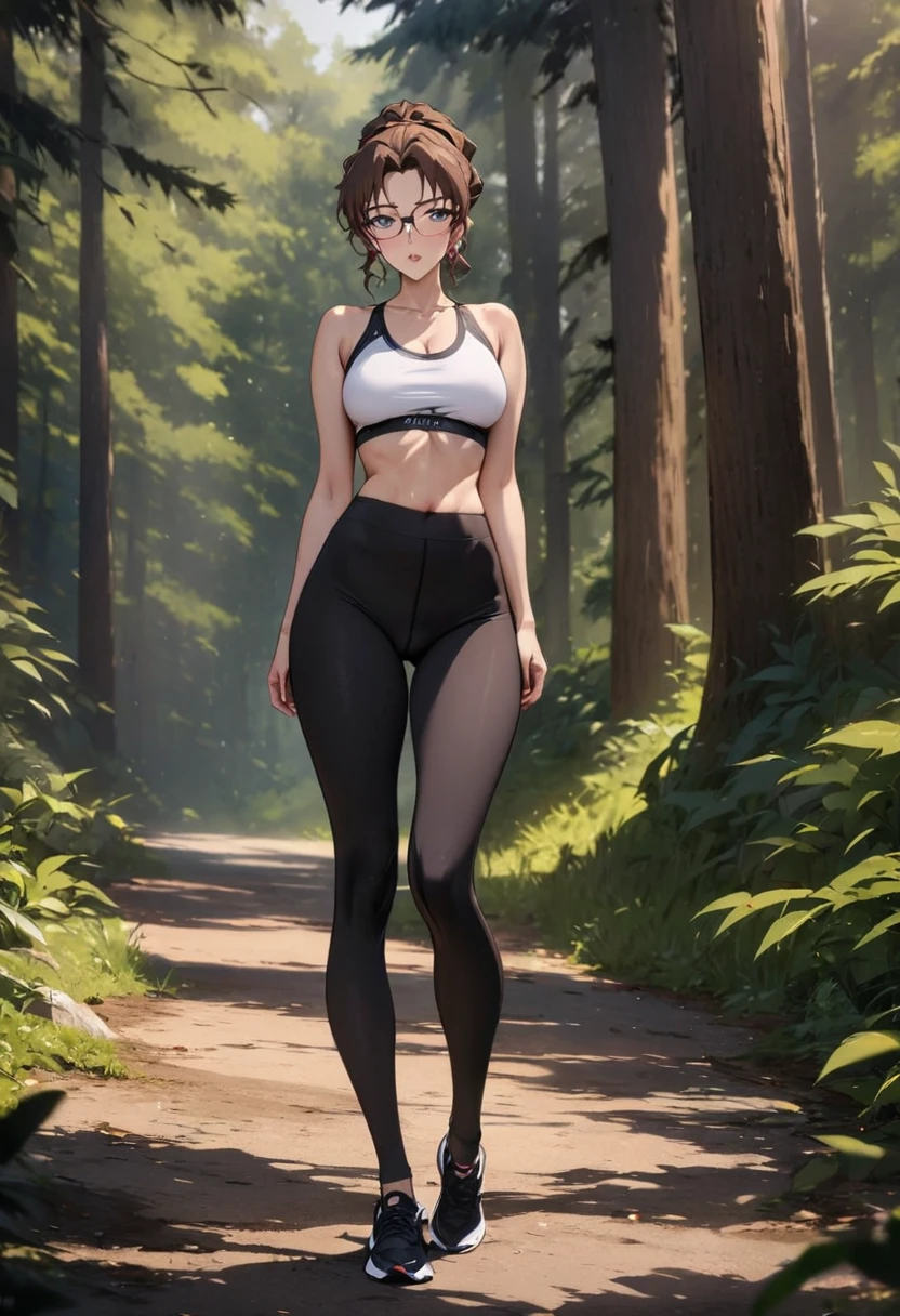 (Highest quality,High resolution,masterpiece:1.2),Outdoor,Hair tied up、Yoga pants,Beautiful woman,Modern,Natural scenery,Full Body Shot,Perfect figure,Forest Path,Brown Hair,Girl with glasses,A lustful look:1.1,nsfw:1.5