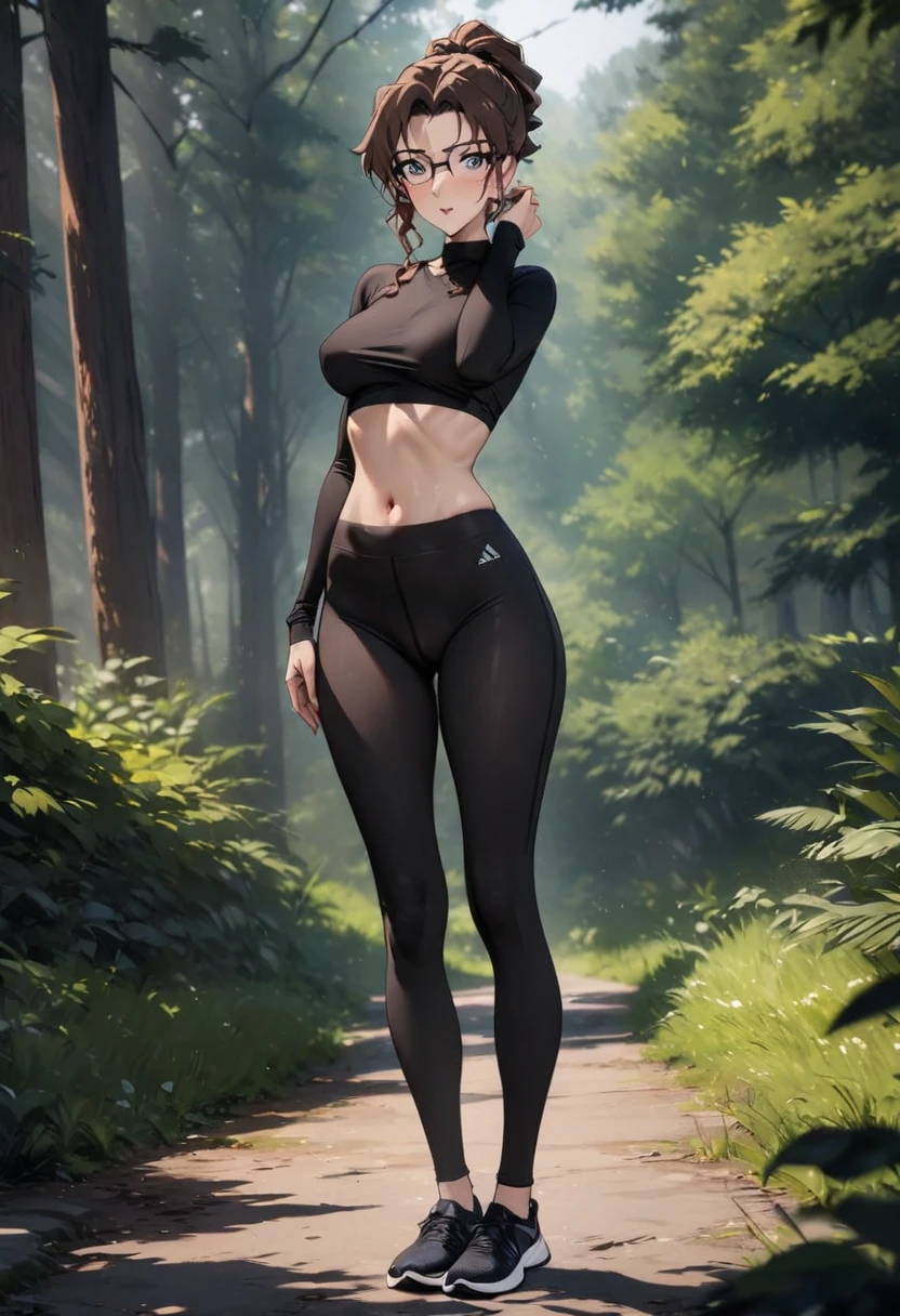 (Highest quality,High resolution,masterpiece:1.2),Outdoor,Hair tied up、Yoga pants,Beautiful woman,Modern,Natural scenery,Full Body Shot,Perfect figure,Forest Path,Brown Hair,Girl with glasses,A lustful look:1.1,nsfw:1.5