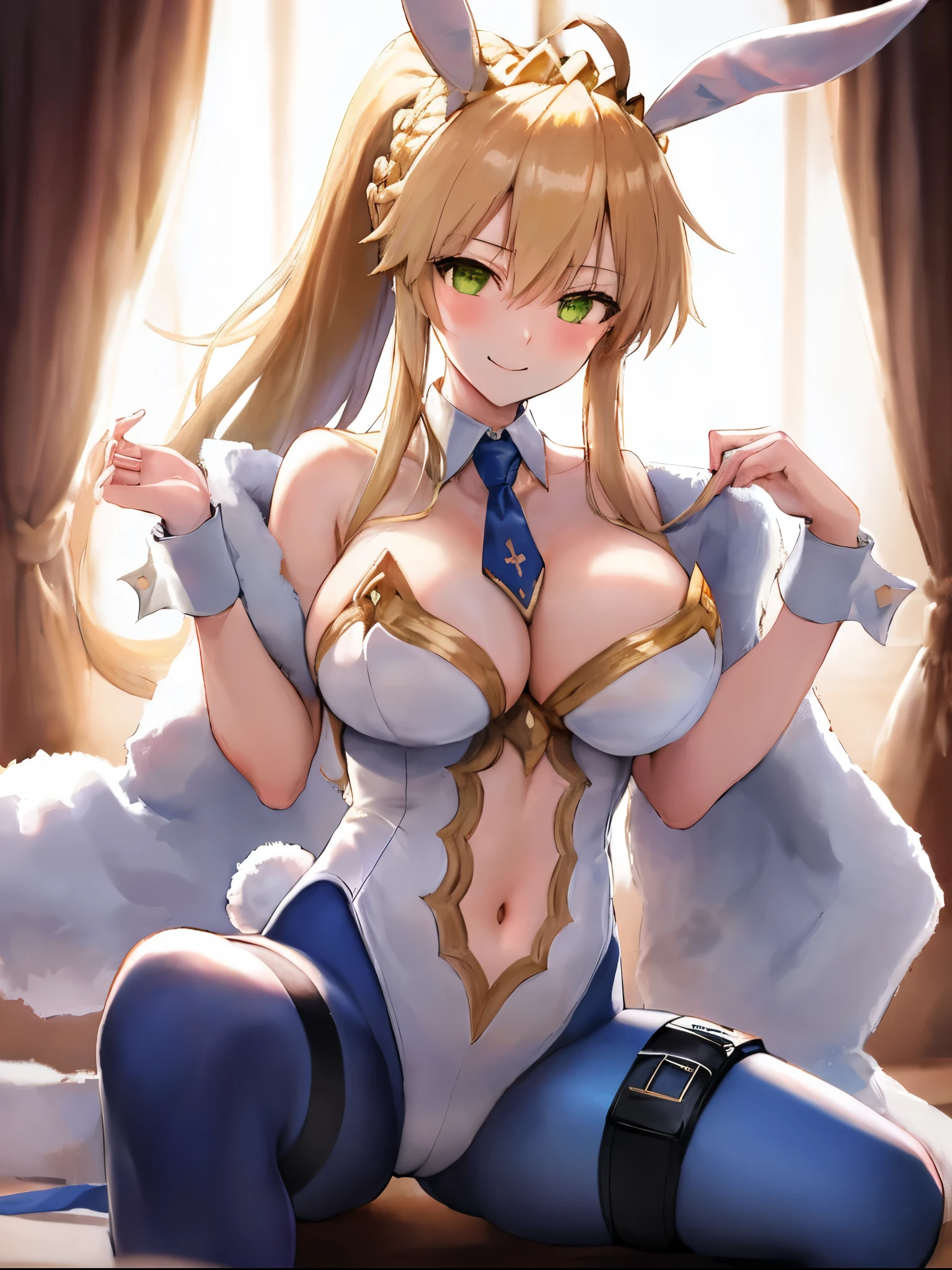 masterpiece, best quality, absurdres, soft lighting, looking at viewer, solo, light_smile, shy,
1girl, ahoge, rabbit ears, playboy bunny, artoria pendragon \(swimsuit ruler\) \(fate\), large breasts , blonde hair, green eyes, french braid, pony tail
bare shoulders, large breasts , cleavage,
clothing cut out, wrist cuffs, detached collar, navel cutout, feather boa,
white leotard, blue necktie, blue pantyhose, single thigh strap, hands_on_head,put_hands_up,
squat,gorgeous_background,solo,rabbit_posing,large_thighs,Extend_fingers,palm,open_legs,.solo
