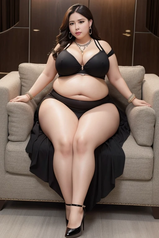 130kg, morbidly obese woman, abdominal obesity, fat belly, large belly, protruding belly, big belly, convex belly, abdominal exposure, exposed navel, mini skirt, high heel, earring, necklace, bracelet, Outer eyelid