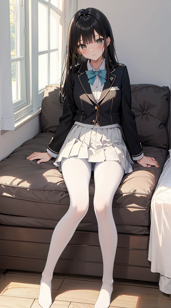 Top quality, masterpiece, High resolution, (Head to toe full body), front, frontやや下からの構図, Symmetric, Tall 18 year old girl, alone, (Head to toe), (Small breasts), bangs, (black tights), (Black Pantyhose), (Sit with your legs apart), (Crouching pose), (A composition showing white panties), (Her legs were spread、I see your white pants.), (I was made to sit on the floor with my legs spread..), (M-shaped legs), Thin legs, A very beautiful and tall 18 year old girl, (No shoes), blush, Shy big eyes, looking at the camera, Blazer Uniform, Checkered Pleated Skirt