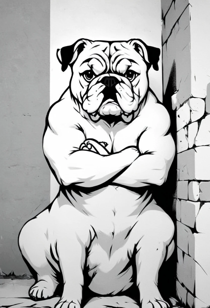 low quality, ((one bulldog)), upper body, center, front, arms crossed, Smash through walls, background white, monotone,