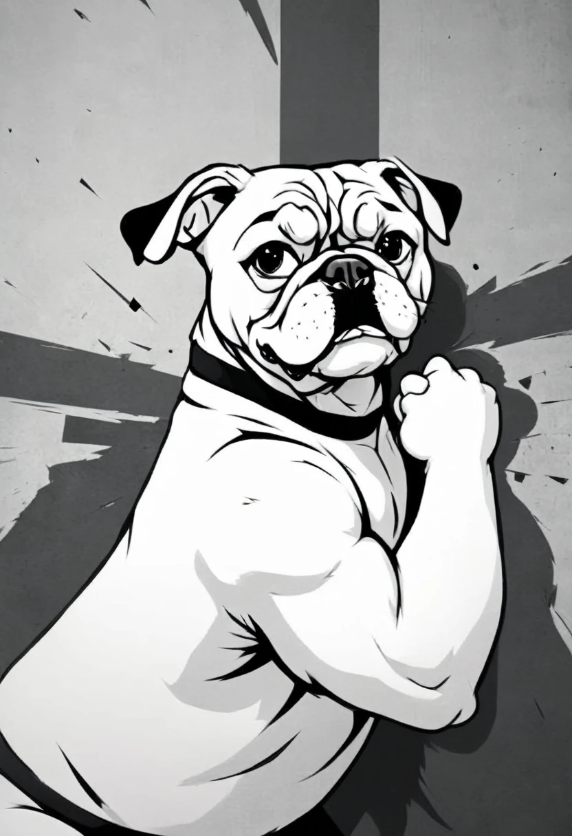 low quality, ((one bulldog)), upper body, center, front, arms crossed, Smash through walls, background white, monotone,
