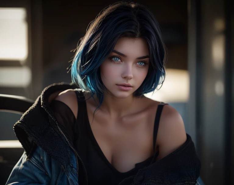 kate, 21 years, Short black hair with blue highlights, gazing at viewer, blue colored eyes, perfect, sultry body, cowboy shot, texturized skin, best qualityer, high resolution, black hair, streaked hair, blue hair, hair behind ear, short hair, blush