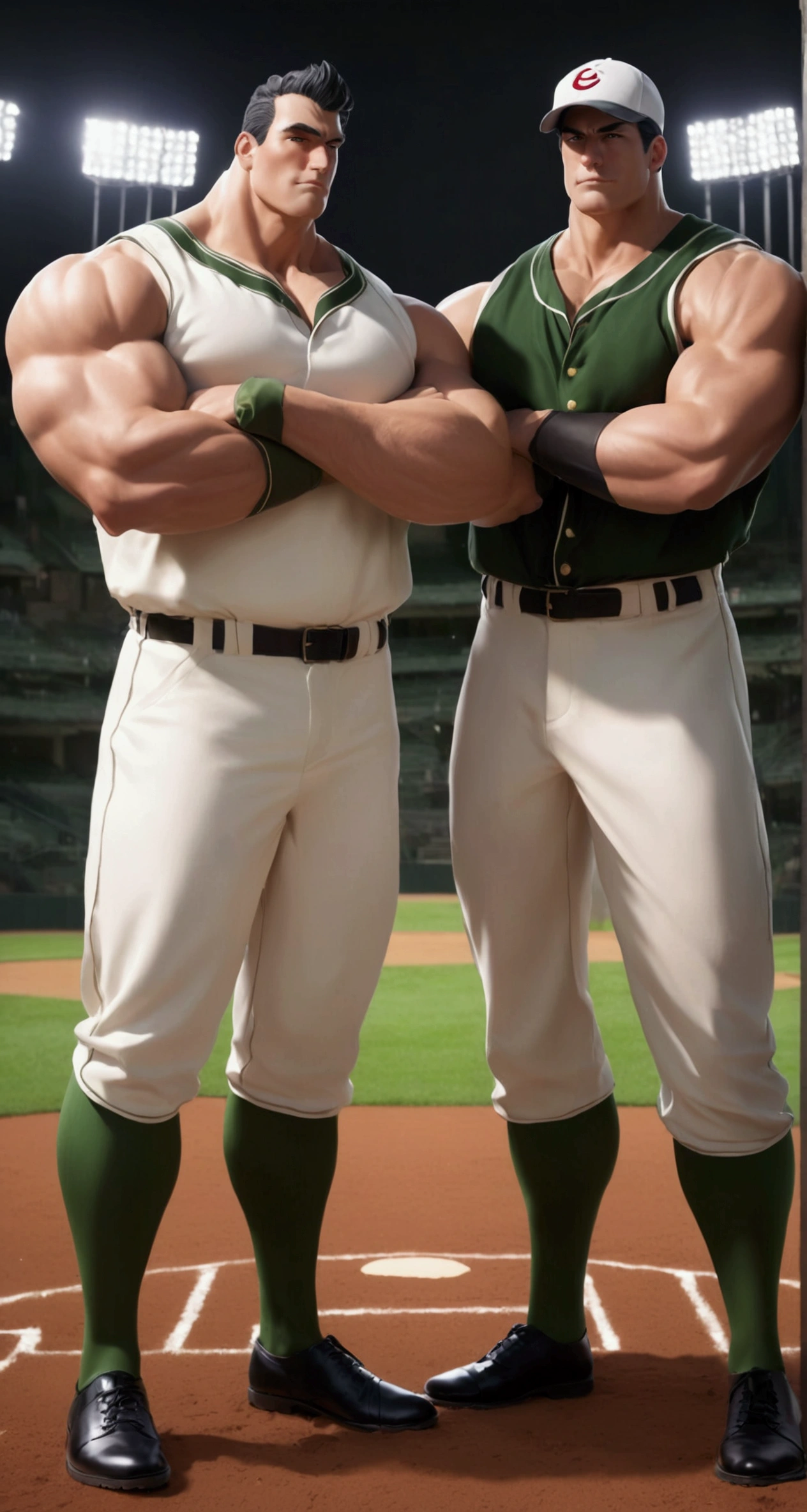 Baseball field, 1man in white baseball uniform, 1man in white baseball uniform, 2mam standing side by side, taken by Canon 5D Mark IV camera, aperture is f/1.8,ISO 400, shutter speed is 1/200 second masterpiece, best quality, high resolution, realistic, handsome, photogenic, masculine, (big muscle)
