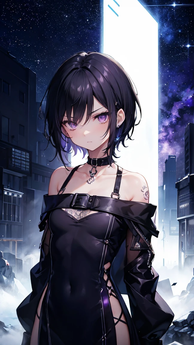High resolution,high resolution,Girl,Black Hair,Short Hair,Purple Eyes,Slanted Eyes,Bad mood,boyish,slender,Toned body,,,Tattoo,Alchemist,,low length,Starry Sky,choker,,