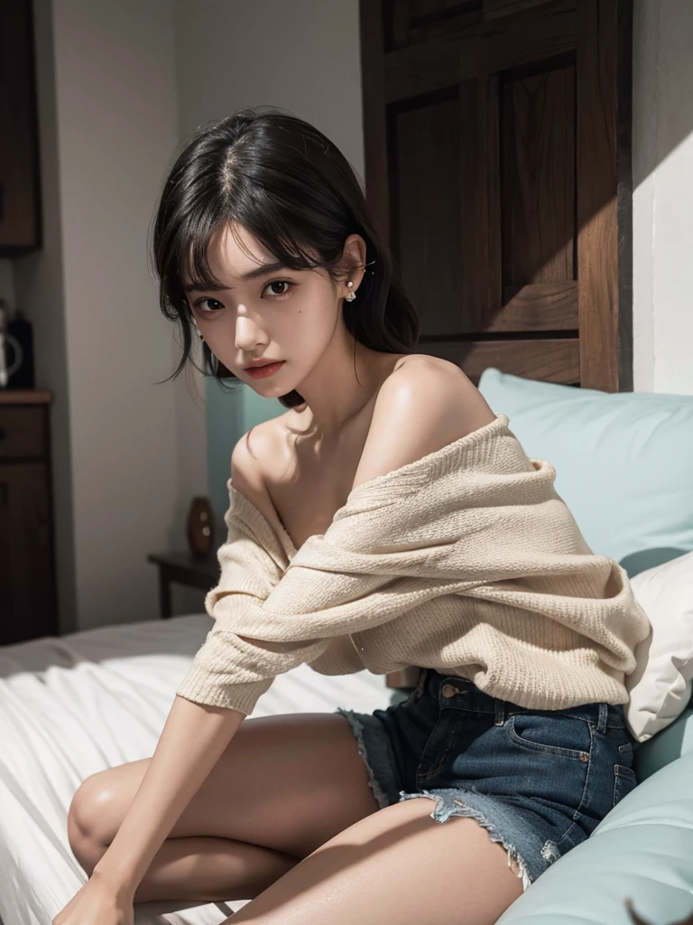 absurdres, RAW photo, extremely delicate and beautiful, masterpiece, Best Quality, ultra high resolution, 32k, hyperrealistic, ultra-detailed, perfect figure, Perfect Style, Perfect balance, in her 20s, very small head, very small face, delicate facial features, tearful mole, earring, (very huge breasts), bare legs, full body shot, medium hair, black hair, bare shoulder, shorts,