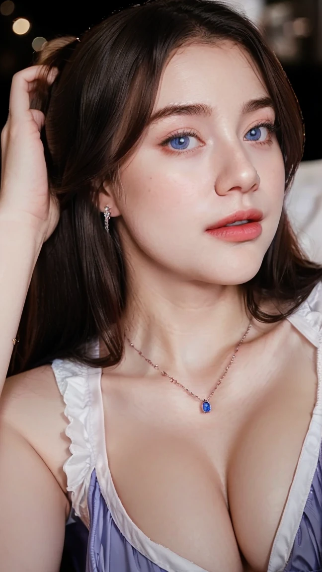 1 Girl, Beautiful, , 20 Years Old, White Skin, Purple glossy Lipstick, Sensual Lipstick, Sensational Make up, Sexy Look, Cleavage, ((White Maid Outfit)), Huge Colossal Chest, Blue Eye, Muscles:1.3, Outdoor, ((Bokeh:1.1)), Pink Glossy Hair, ((Diamond Earrings)), Apple Watch