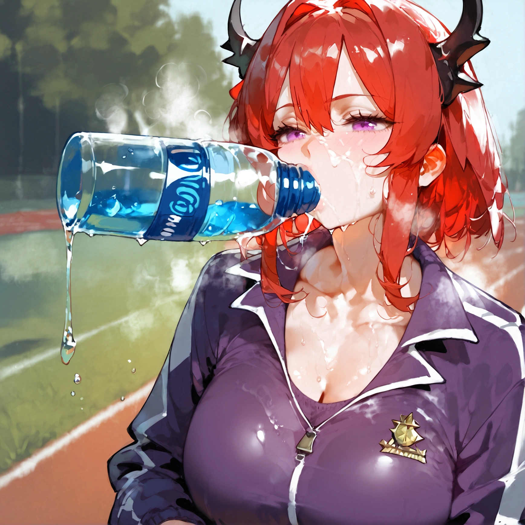 score_9, score_8_up, score_7_up, score_6_up,floox style,surtr, arknights, red hair,big breasts,,collarbone, jacket,purple jacket, purple track suit, sportswear, standing, steam, steaming body, sweat,, track jacket, track pants, track suit, outdoors, pours water on face, water bottle, solo, purple eyes, facial, head up, spilling,