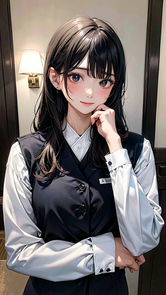 suit、White shirt、Black Uniform、Hotel reception、Hotel Counter、staff、Japanese、Upper Body、woman、