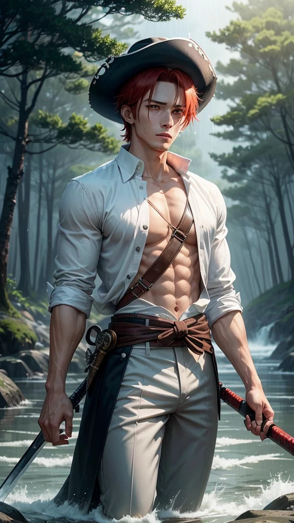 a dashing male anime character with a thin face, handsome, charismatic "shanks" in the "one pice" series wearing a white shirt, short trousers, with a straw hat. as well as three claw scars on the left eye, and holding a pirate katana, and black robes, red hair, gray shorts reaching down to his knees, with HD resolution, 4k anime with a forest and water background, falling rain. wet.