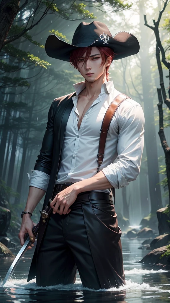 a dashing male anime character with a thin face, handsome, charismatic "shanks" in the "one pice" series wearing a white shirt, short trousers, with a straw hat. as well as three claw scars on the left eye, and holding a pirate katana, and black robes, red hair, gray shorts reaching down to his knees, with HD resolution, 4k anime with a forest and water background, falling rain. wet.