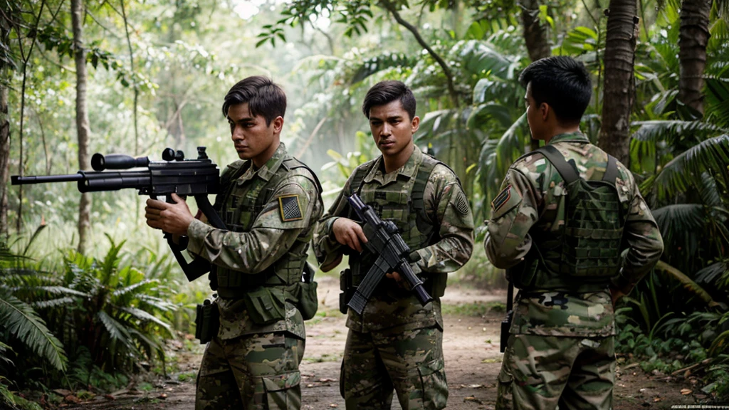 Military
Soldiers
Jungle
Rainforest
Camouflage uniforms
First-person shooter view
Soldiers holding guns High resolution
4K HDR
Detailed image
Photorealistic
Firefight scene
Muzzle flash