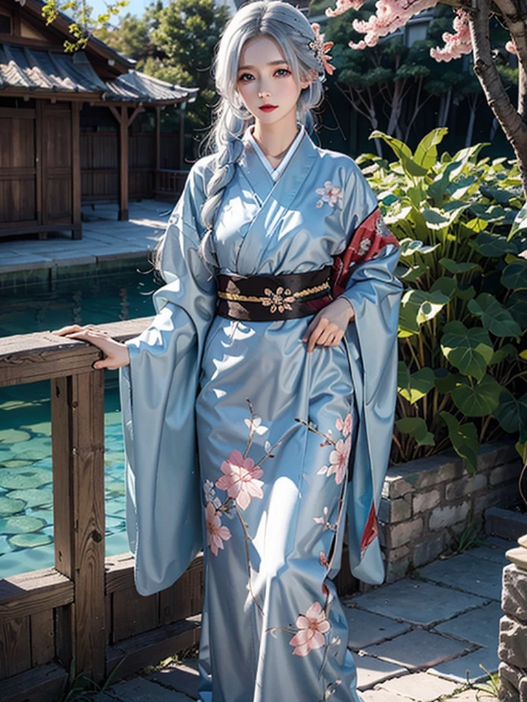 photorealistic, masterpiece, photorealistic, high resolution, soft light, hips up, blue eyes, white hair, long hair, black kimono, floral pattern, cherry blossoms