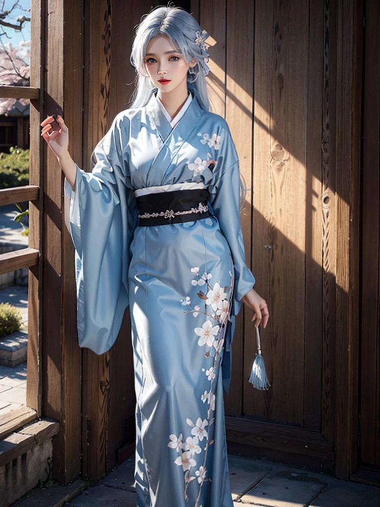 photorealistic, masterpiece, photorealistic, high resolution, soft light, hips up, blue eyes, white hair, long hair, black kimono, floral pattern, cherry blossoms