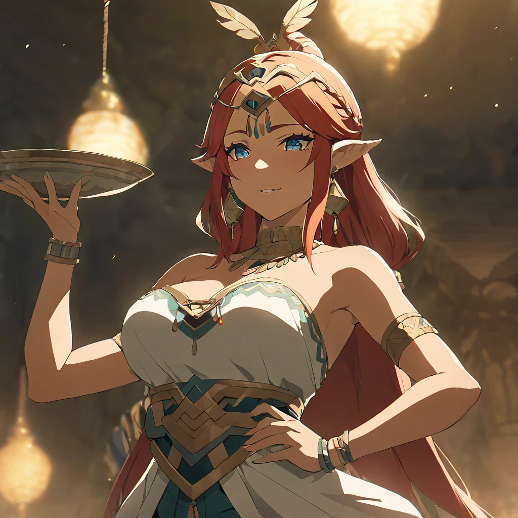 ((Highest quality)), ((masterpiece)), (detailed), （Perfect Face）、The woman is Queen Zelda of the Gerudo tribe, with red hair, blue eyes and brown skin.、The woman is wearing the sexy, see-through traditional costume of the Gerudo tribe.、The woman happily devotes herself to serving her beloved King Ganondorf with all her heart and soul.