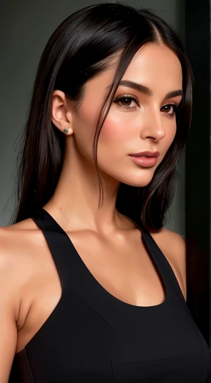 Close-up of a woman wearing a black blouse and holding a mobile phone, looks straight into the camera, Portrait of Sophie Mudd, inspired by Emma Andijewska, pronounced chin, Beautiful cheekbones, Strong chin, Portrait of Emily Ratajkowski, well pronounced chin, chiseled chin, ana de armas portrait, pronounced cheekbones, wet skin, Ellie Victoria Gale