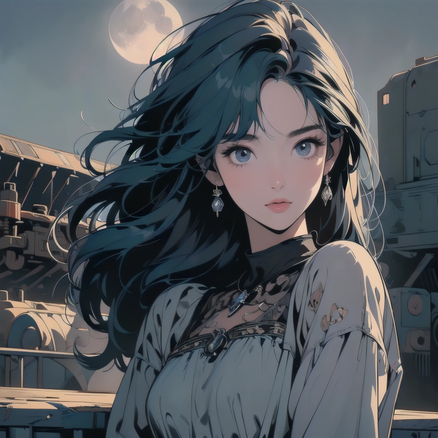 (((masterpiece, highest quality)))、(((32k wallpaper)))、Detailed Machinery、Abandoned Factory、Atrium、((((moonlight)))、(((Rusty heavy equipment)))、(((Perfect Woman)))、Beautiful woman、(((Detailed face)))、Detailed Hair、Flat Chest、(((The most beautiful face)))、(((Beauty)))、Faint lighting、Light on the face、Sparkling Eyer.々Angle、(((Cowboy Shot)))、Blue hair color、(((Dull colors)))、short hair、Looking down from the rooftop
