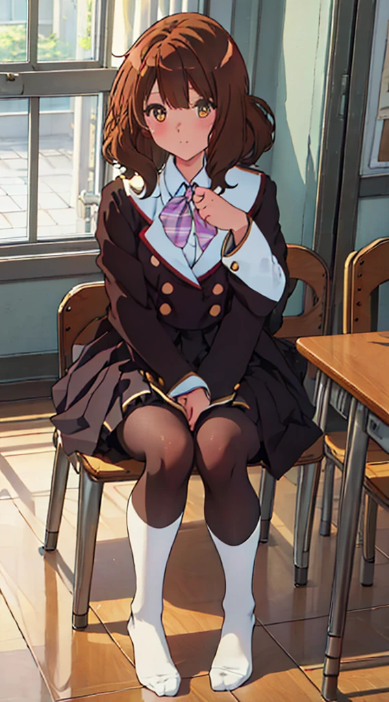 Top quality, masterpiece, High resolution, (Head to toe full body), front, frontやや下からの構図, Symmetric, Tall 18 year old girl, alone, (Head to toe), (Small breasts), bangs, (black tights), (Black Pantyhose), (Sit with your legs apart), (Crouching pose), (A composition showing white panties), (Her legs were spread、I see your white pants.), (I was made to sit on the floor with my legs spread..), (M-shaped legs), Thin legs, A very beautiful and tall 18 year old girl, (No shoes), blush, Shy big eyes, looking at the camera, Blazer Uniform, Checkered Pleated Skirt