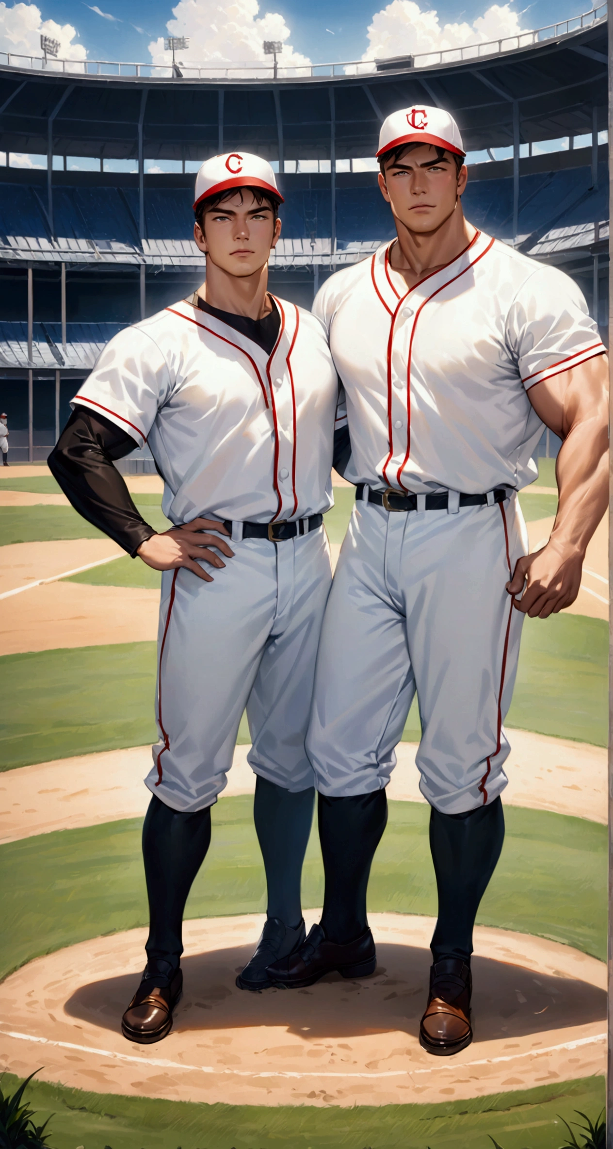 Baseball field, 1man in white baseball uniform, 1man in white baseball uniform, 2mam standing side by side, taken by Canon 5D Mark IV camera, aperture is f/1.8,ISO 400, shutter speed is 1/200 second masterpiece, best quality, high resolution, realistic, handsome, photogenic, masculine, (big muscle)