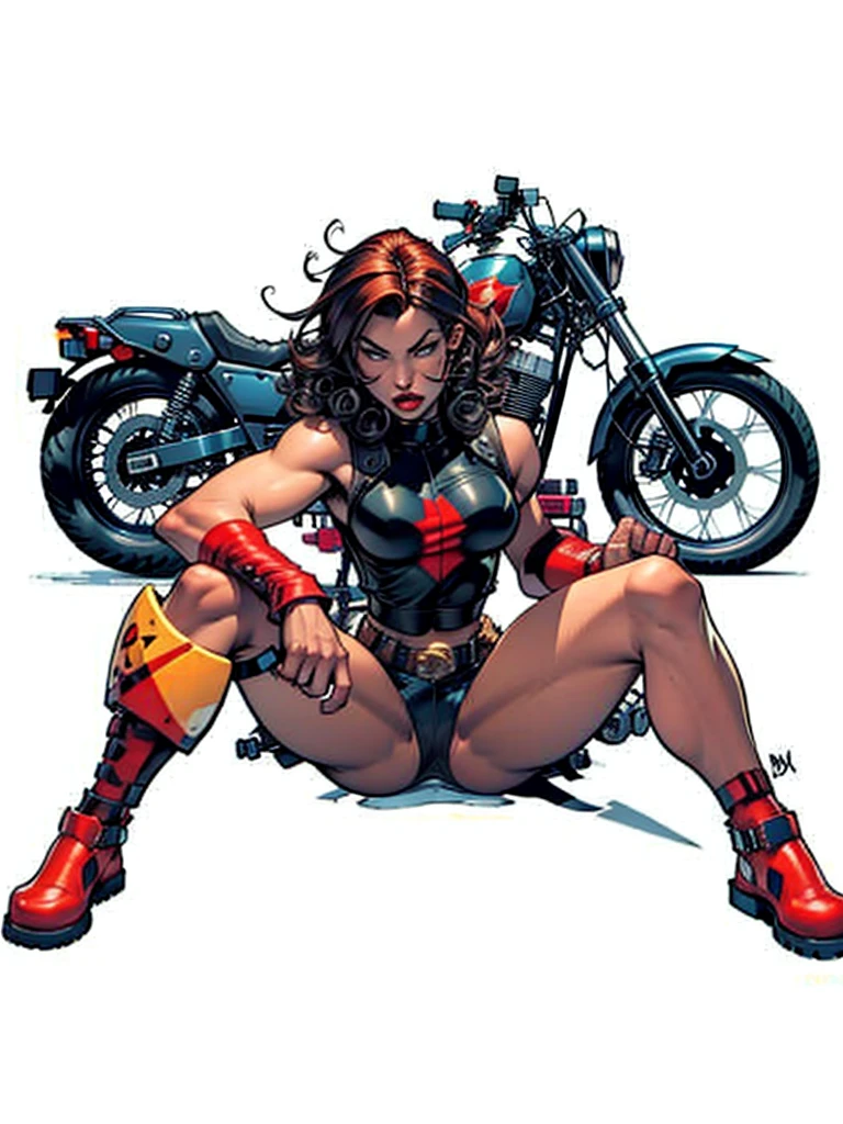 Black woman with big curly hair ,sitting on the floor with her legs open showing her vagina, and harley daivdson motorcycle in the background 