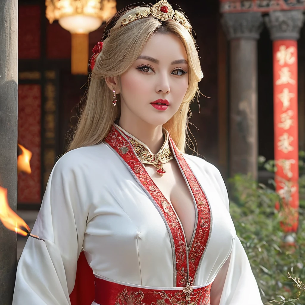 (((Hyper Real)))、(((A 30-year-old white female priest from ancient Europe)))、(((Beautiful female priest))) Mature beautiful middle-aged woman、(((Big big boobs)))、Fine skin、Beautiful plump middle-aged woman、(Fine green eyes)、Blonde fluffy long hair、{(Ancient ornate and luxurious temple)、(Many torches are burning)}、(((Big big cleavage)))、Big Ass、Red lips、(((Luxurious pure red slit gown and luxurious accessories)))、