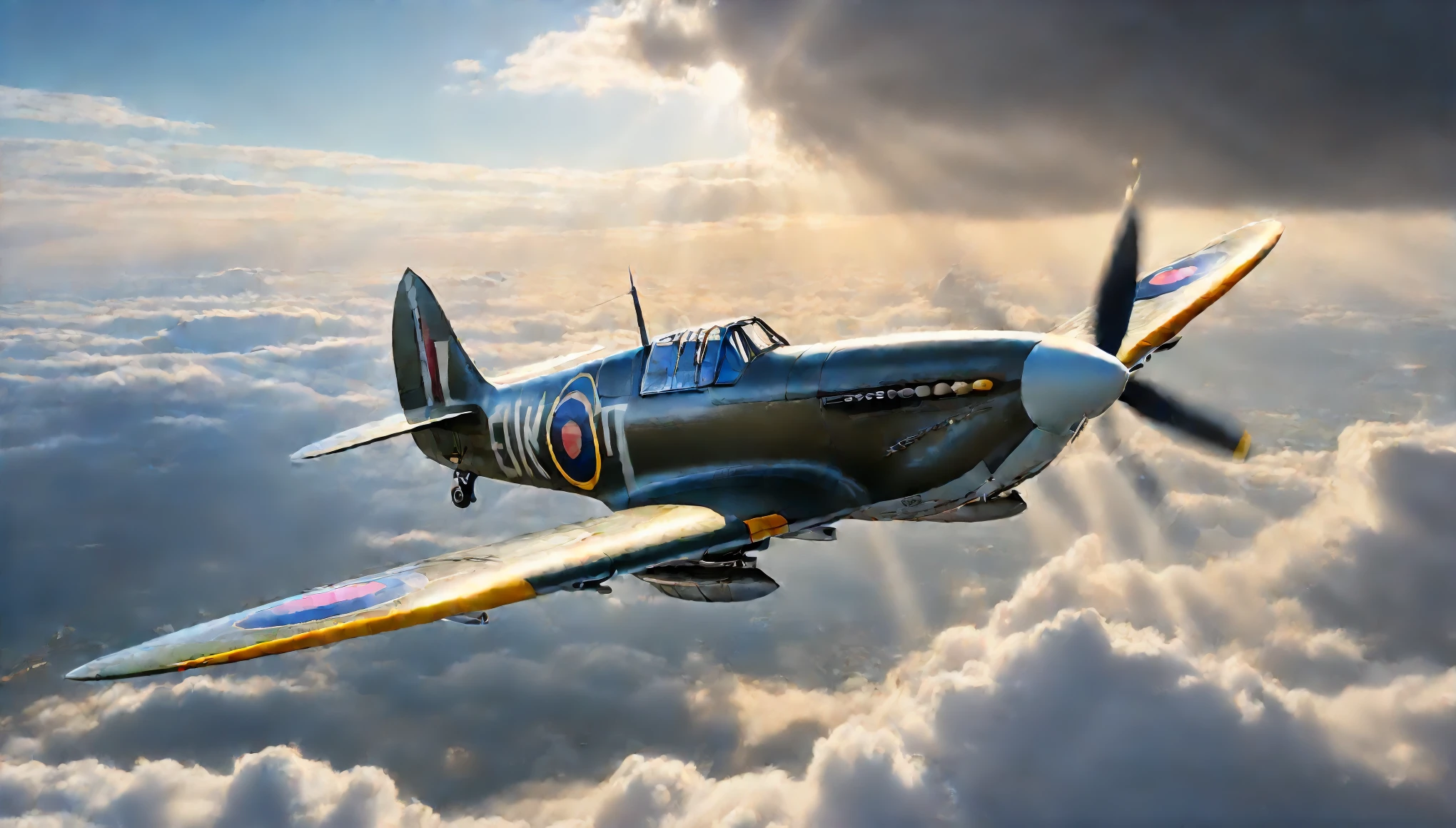 Create imaginative and amazing images demonstrating the style of a picture of a Spitfire plane, flying in the sky, cloudy skies background, an epic a Spitfire plane (best details, Masterpiece, best quality :1.5) birds view, sun rays, divine rays, sun rays reflecting on the clouds, sense of awe, majestic atmosphere, ultra best realistic, best details, best quality, 16k, [ultra detailed], masterpiece, best quality, (extremely detailed), ultra wide shot, photorealism, depth of field, hyper realistic painting, Waiting to start), hyper realistic, 8k, vibrant colors, sharp crisp image