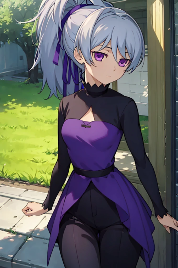 masterpiece, best quality, game cg, 1girl, solo, looking at viewer, , depth of field, ligne claire, , yin_darker_than_black, grey hair, purple eyes, ponytail, pants, , A magical kingdom where everything is perfect and everyone is happy, 32k resolution