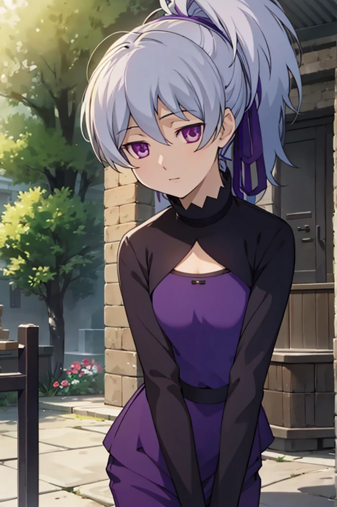 masterpiece, best quality, game cg, 1girl, solo, looking at viewer, , depth of field, ligne claire, , yin_darker_than_black, grey hair, purple eyes, ponytail, pants, , A magical kingdom where everything is perfect and everyone is happy, 32k resolution