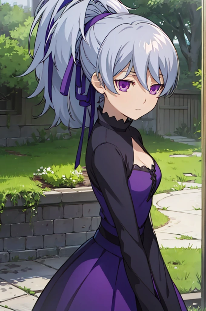 masterpiece, best quality, game cg, 1girl, solo, looking at viewer, , depth of field, ligne claire, , yin_darker_than_black, grey hair, purple eyes, ponytail, pants, , A magical kingdom where everything is perfect and everyone is happy, 32k resolution