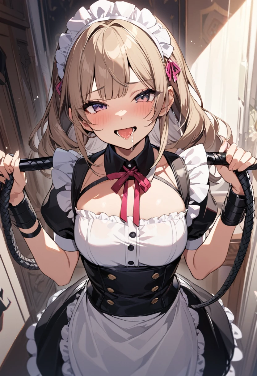 Highest quality, One Girl, Neat,Maid clothes,Leather whip,holding the whip with both hands,smile,saliva