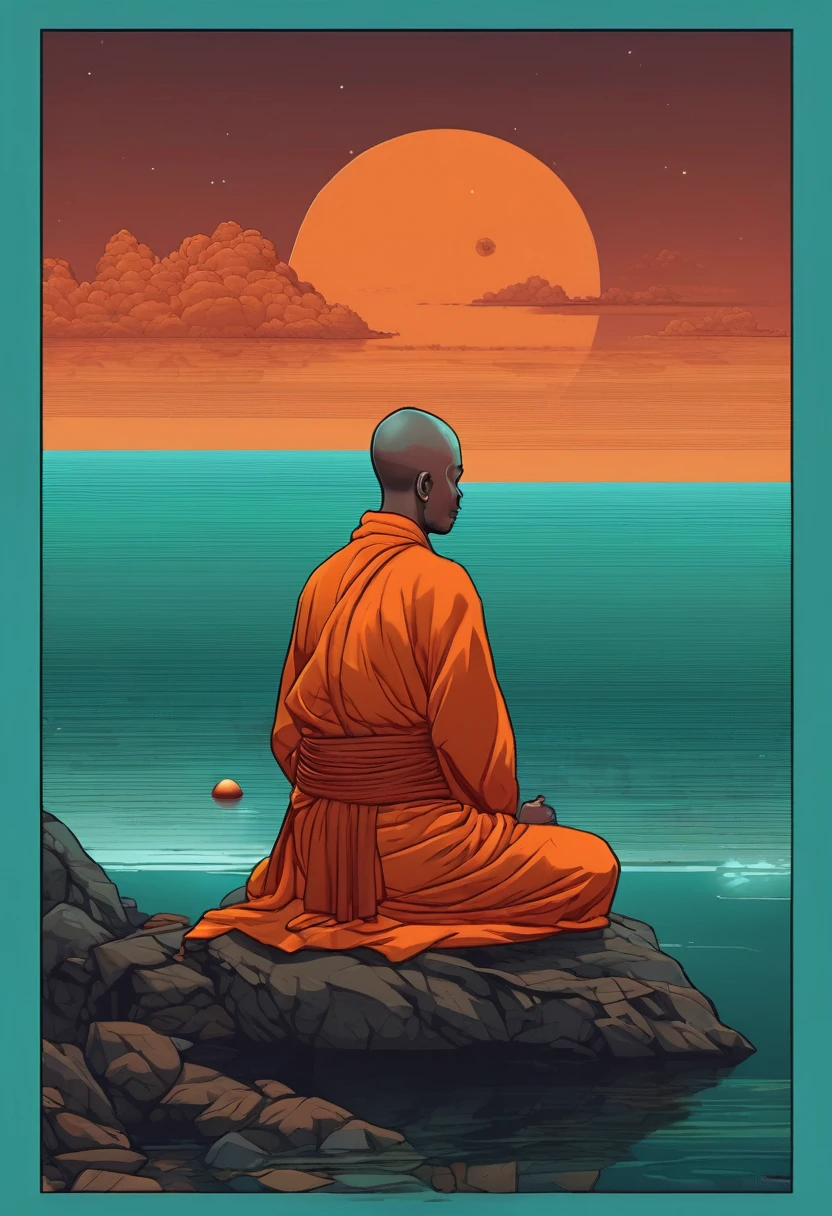 a monk in orange sitting by the water, in the style of casey weldon, ben templesmith, colorful turbulence, dao trong le, dark cyan and maroon, high resolution, gutai group --ar 24:35 --stylize 750 --v 6