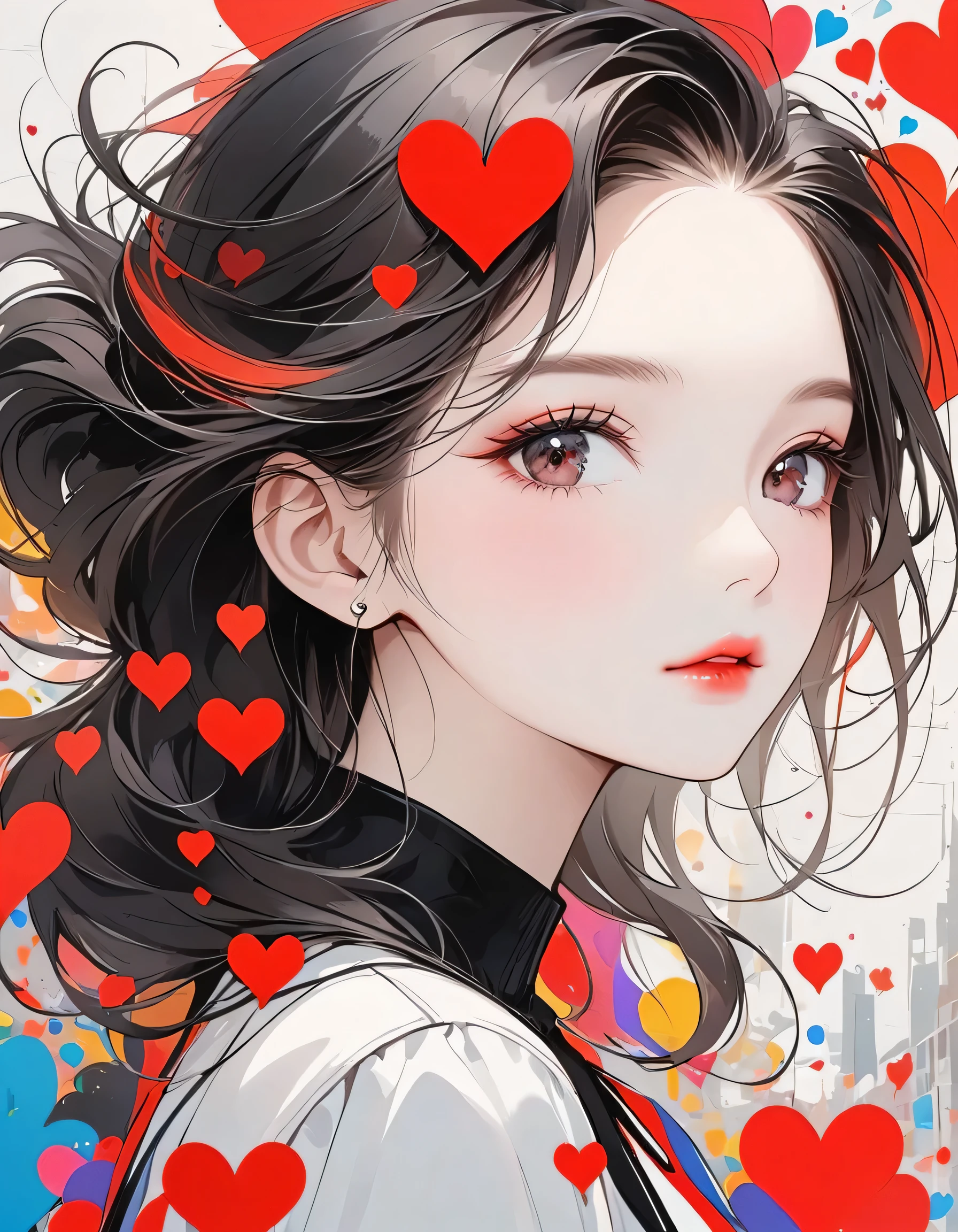 Black Star Red and White style, Simple Line Initialism,Abstract art,Urban Background, (((The most beautiful girl of all time))), Sweet face. Lips in love, colorful hearts, stylish design